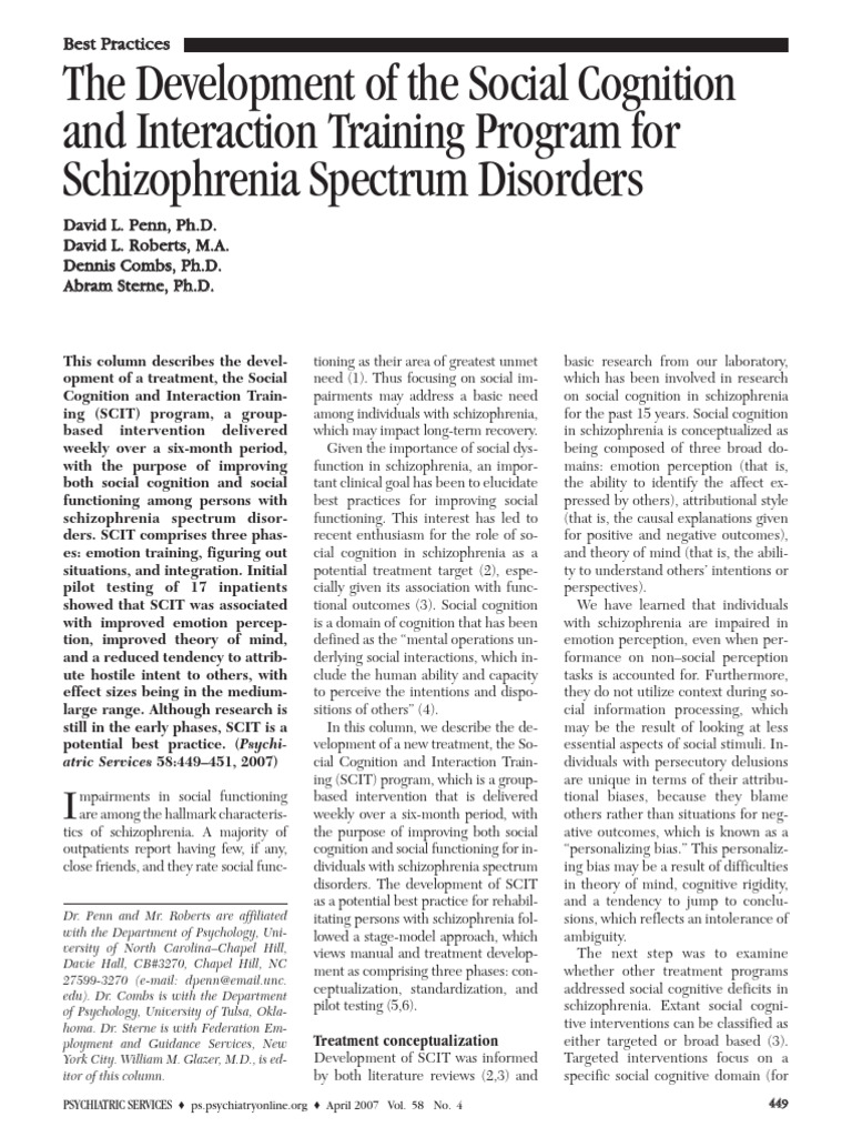 Social Cognition Training for Schizophrenia | PDF | Schizophrenia ...
