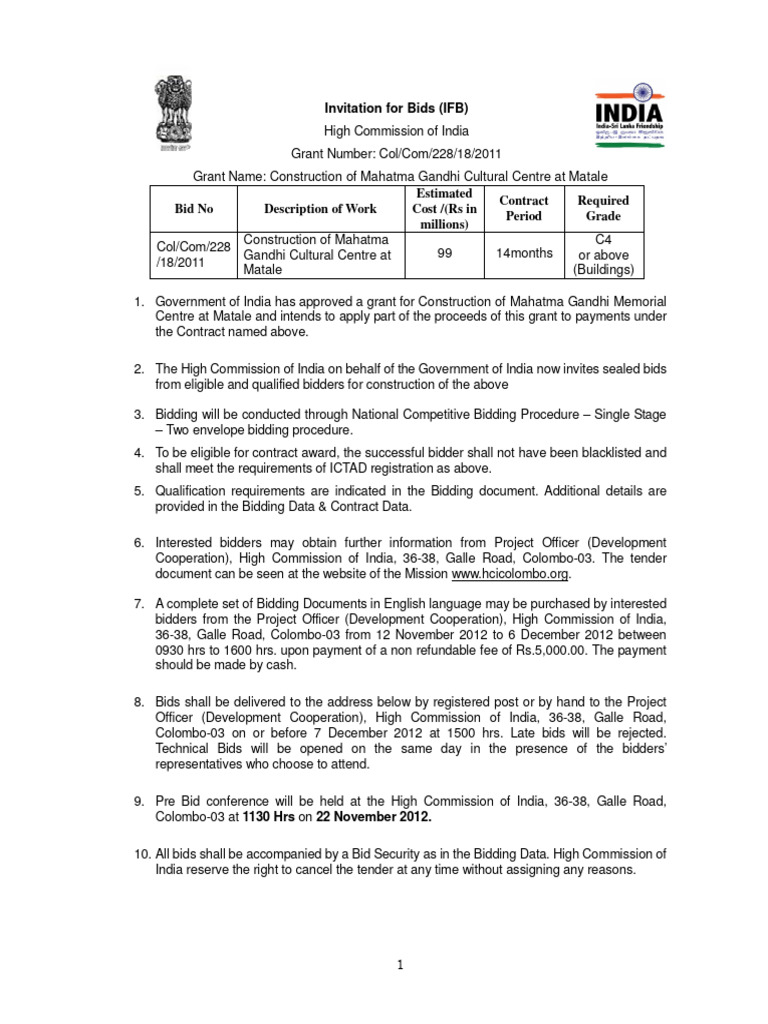 Bids for Mahatma Gandhi Centre Construction | PDF | Specification ...