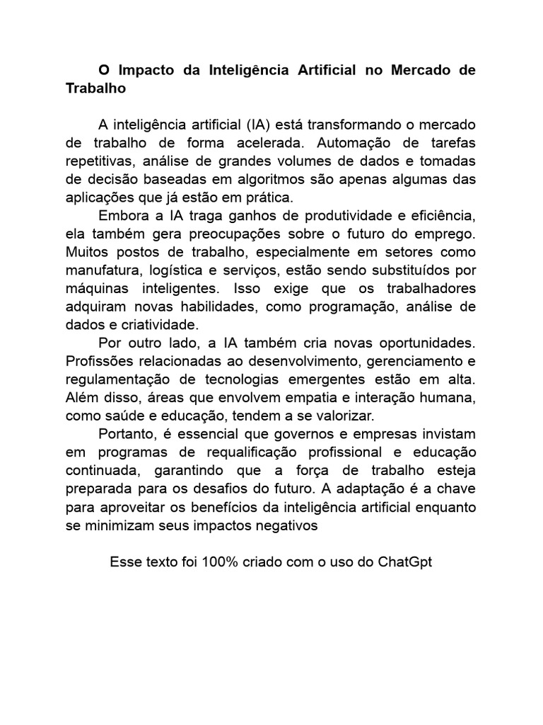 O Impacto Da Inteligência Artificial No Mercado de Trabalho | PDF