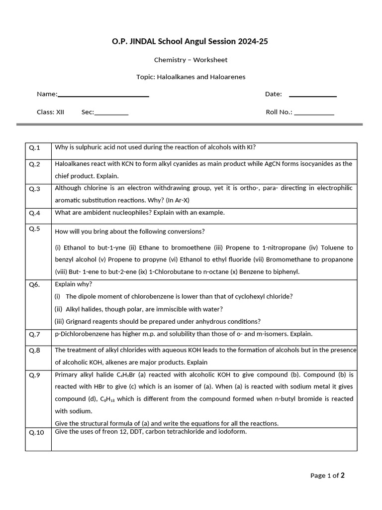Worksheets12 - Worksheet - Haloalkanes and Haloarenes | PDF