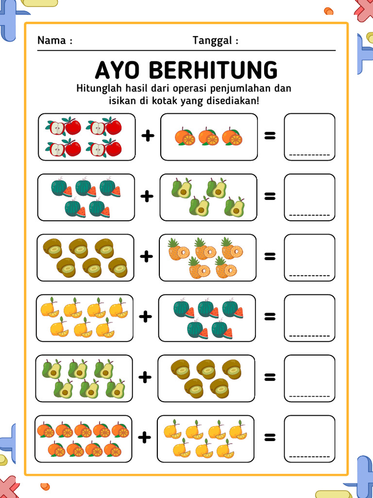 Putih Warna Warni Berhitung Operasi Penjumlahan Tema Buah Buahan Lembar ...