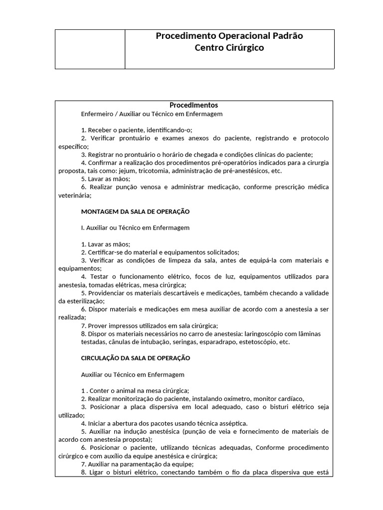 Procedimento Operacional Padrão Centro Cirurgico Pdf Anestesia