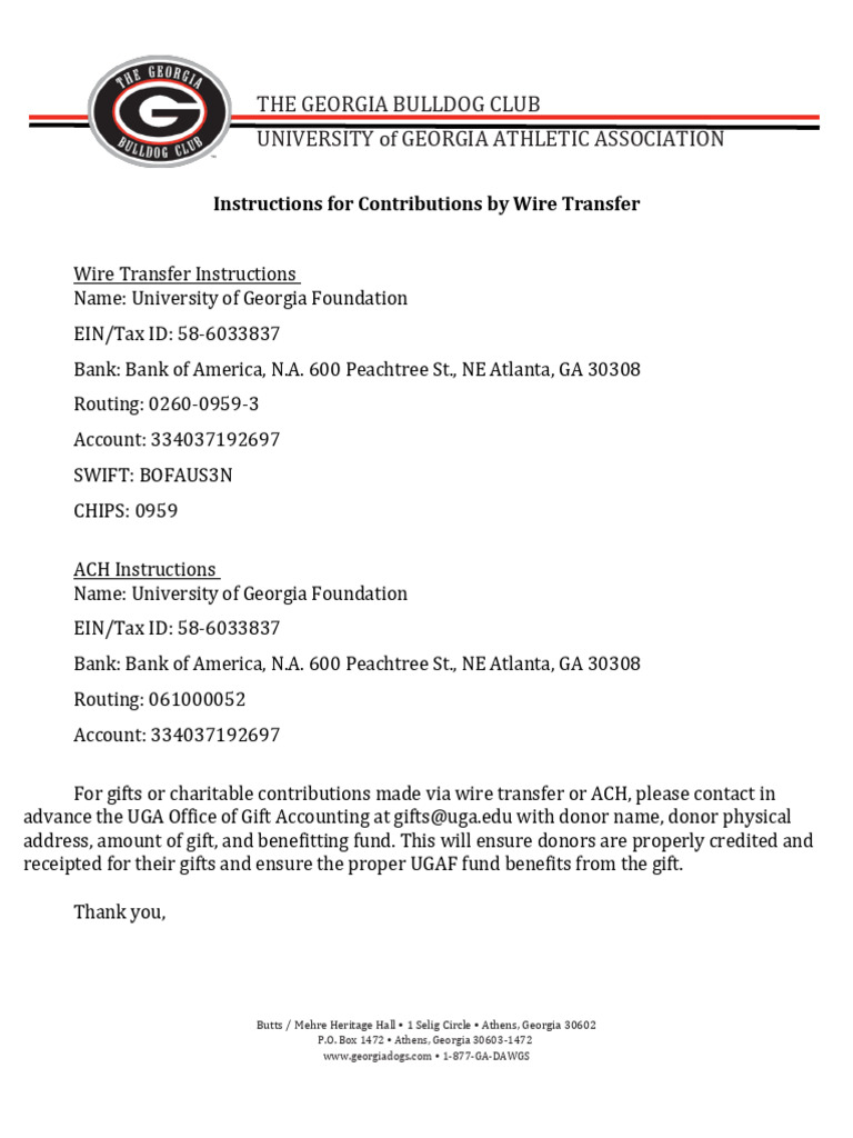 Wire Transfer Instructions for Donations | PDF
