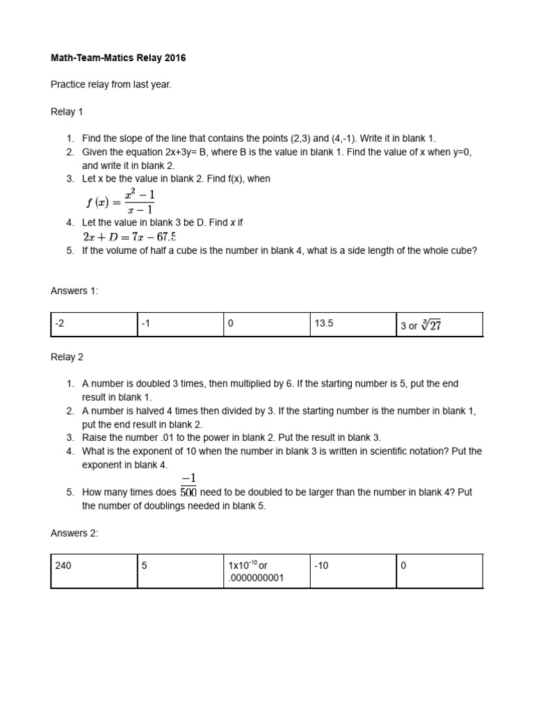 Math Relay Practice Problems 2016 | PDF | Numbers | Arithmetic