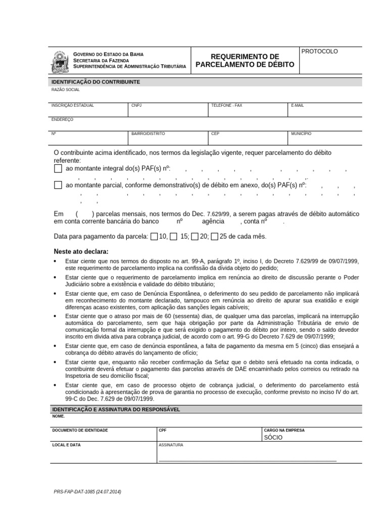 Requerimento de Parcelamento de Débito BA | PDF