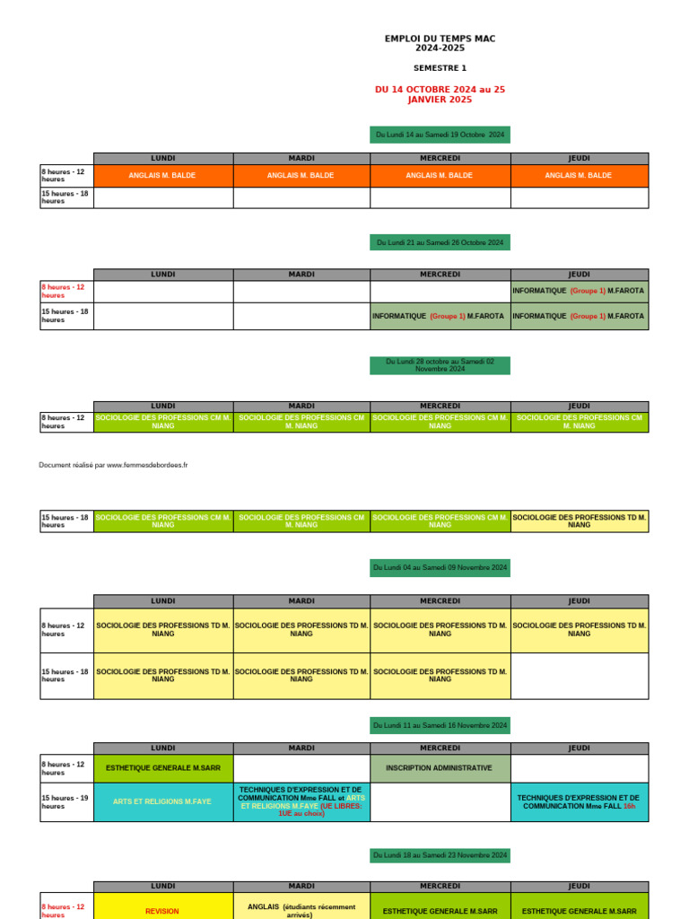 Emploi du temps MAC 2024-2025 | PDF | Arts | Enseignement des Arts libéraux