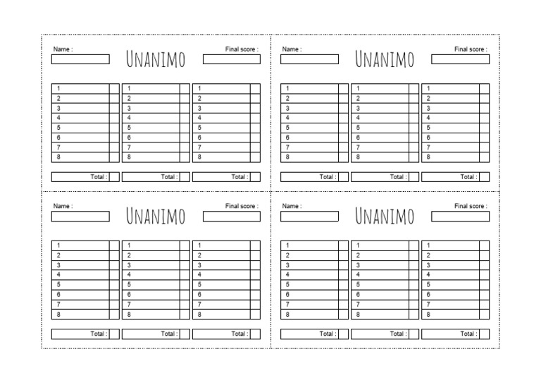 Unanimo Score Sheet Print A4 | PDF