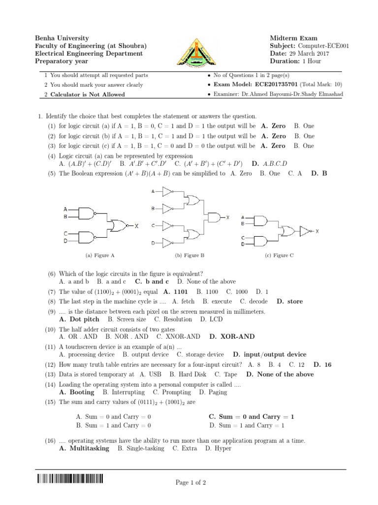 Electrical Engineering Midterm Exam | PDF | Operating System | Computer ...