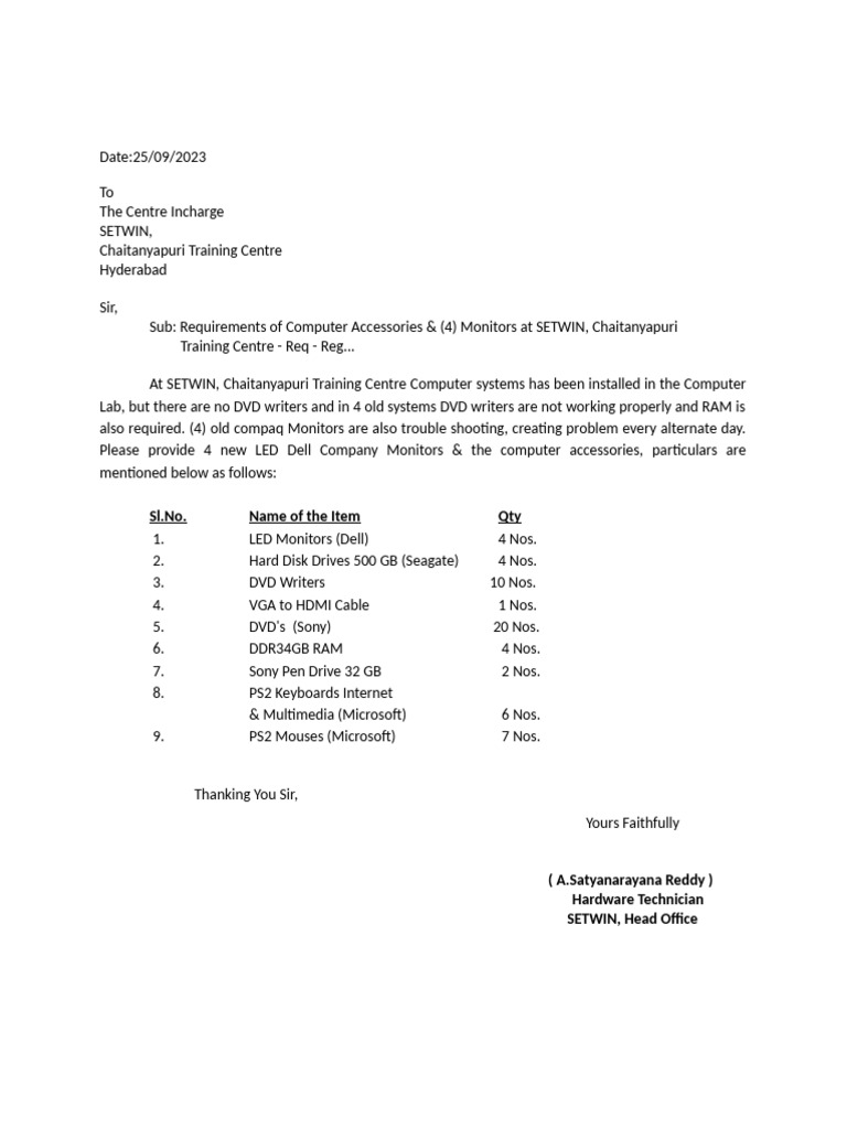Requirement of Computer Accessories | PDF