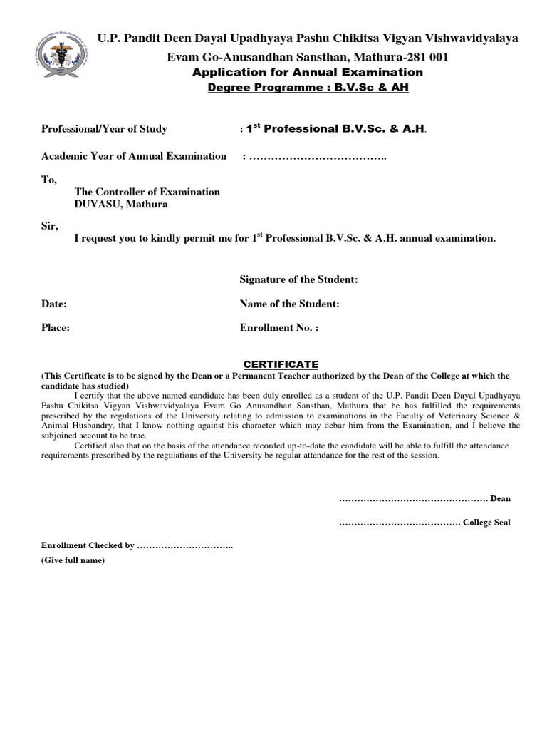 1st Professional B.V.SC - A.H. Annual Applicaton Form | PDF