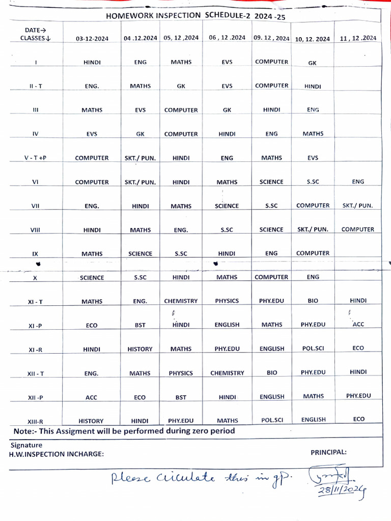 Homework Inspection Schedule - 2 (2024-25) | PDF