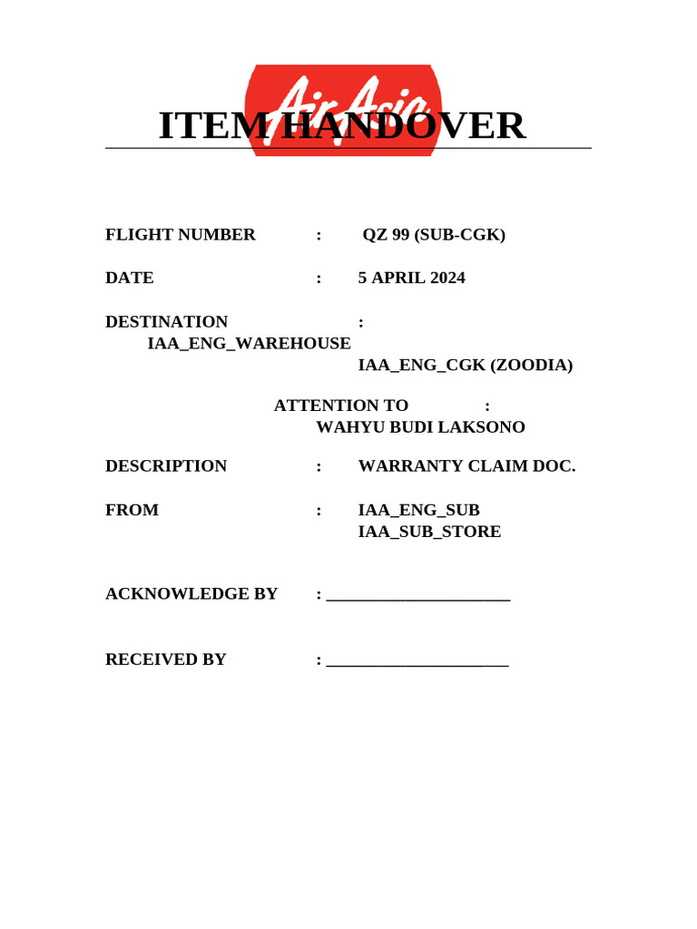 Item Handover for Warranty Claim QZ 99 | PDF