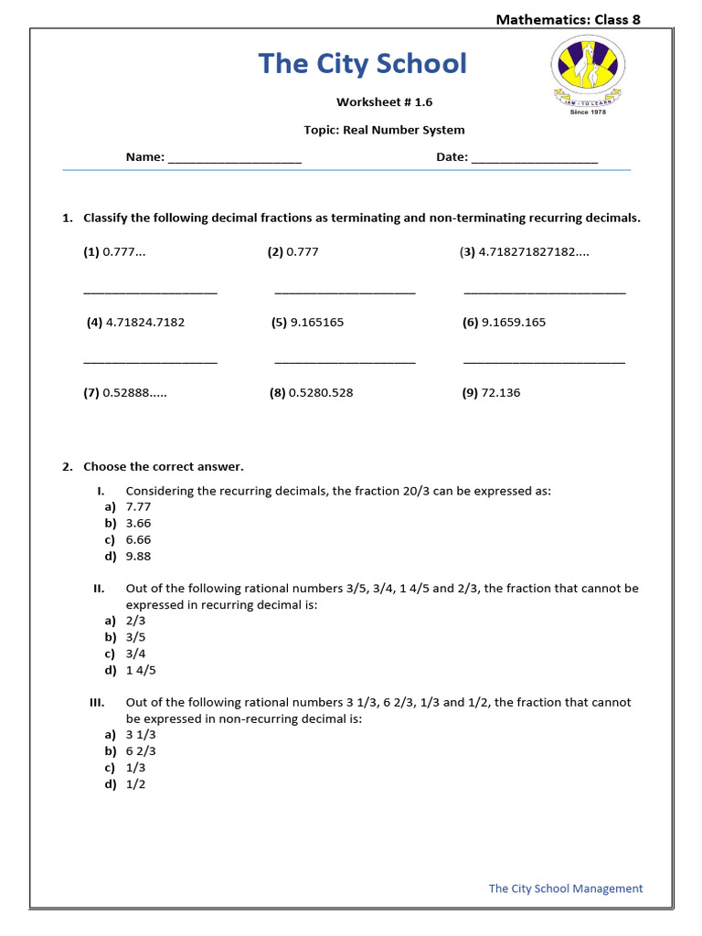Worksheet # 1.6 | PDF | Numbers | Rational Number