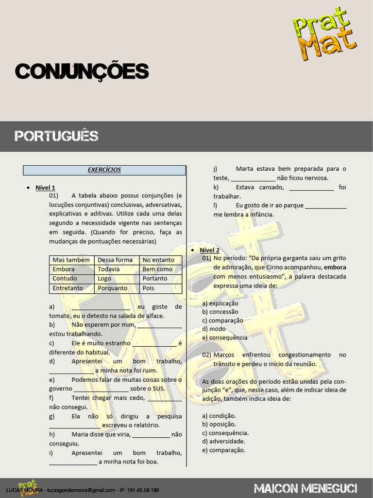 Exercícios de Conjunções em Português | PDF