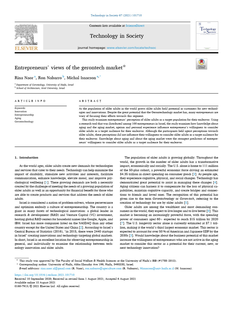 Entrepreneurs' Perspectives on Gerontechnology | PDF | Attitude ...