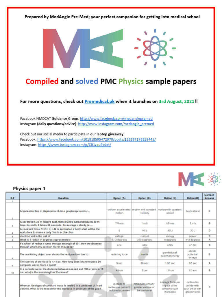 PMC Physics Sample Papers with Answers | PDF | Electrodynamics ...