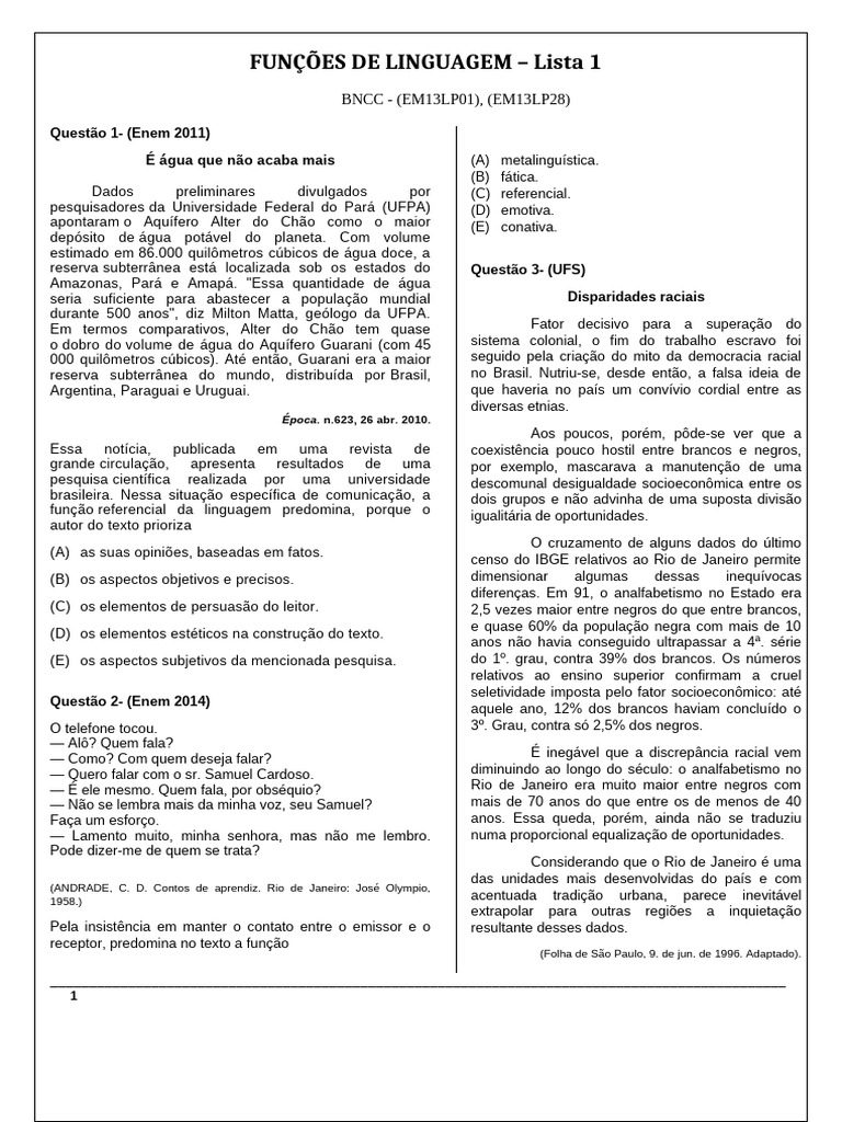 Funções da Linguagem em Questões | PDF