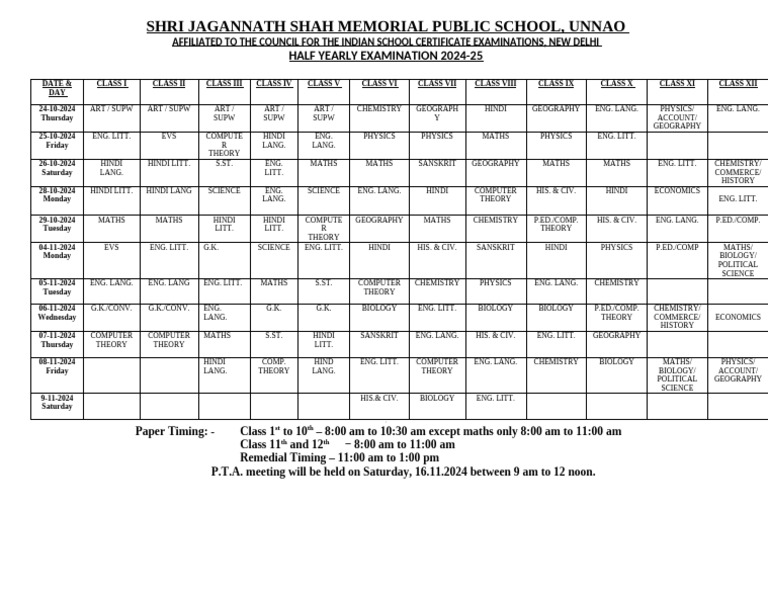 Half Yearly Exam Schedule 2024-25 | PDF | Science