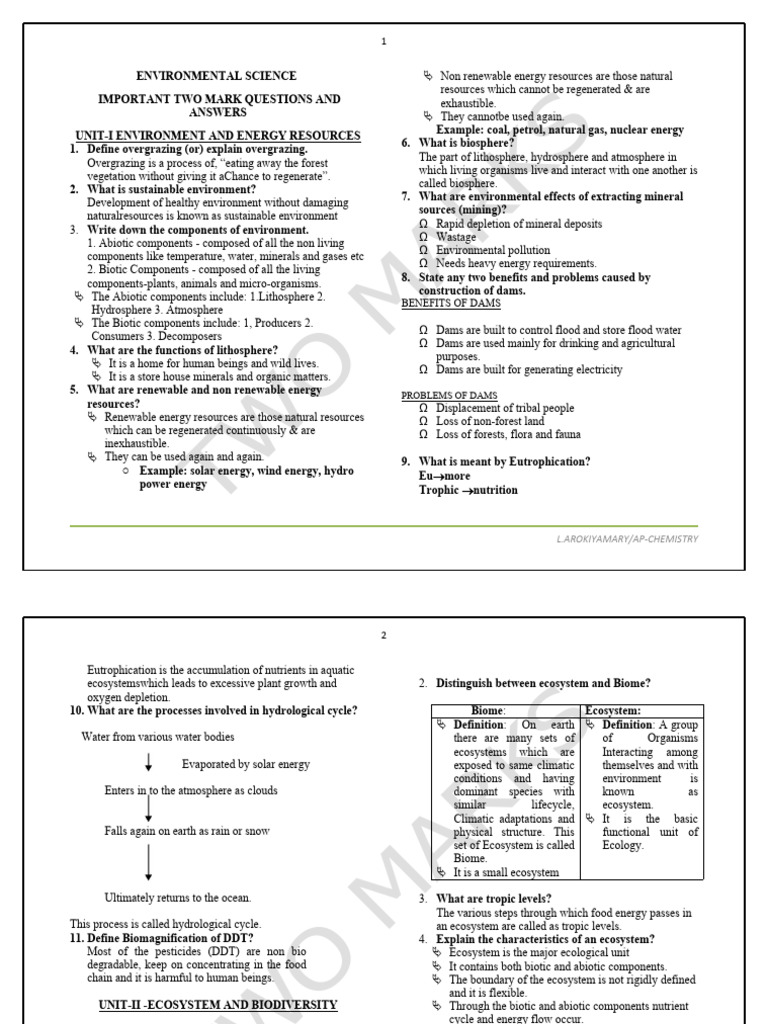 2 Marks For Five Units | PDF | Ecosystem | Natural Environment