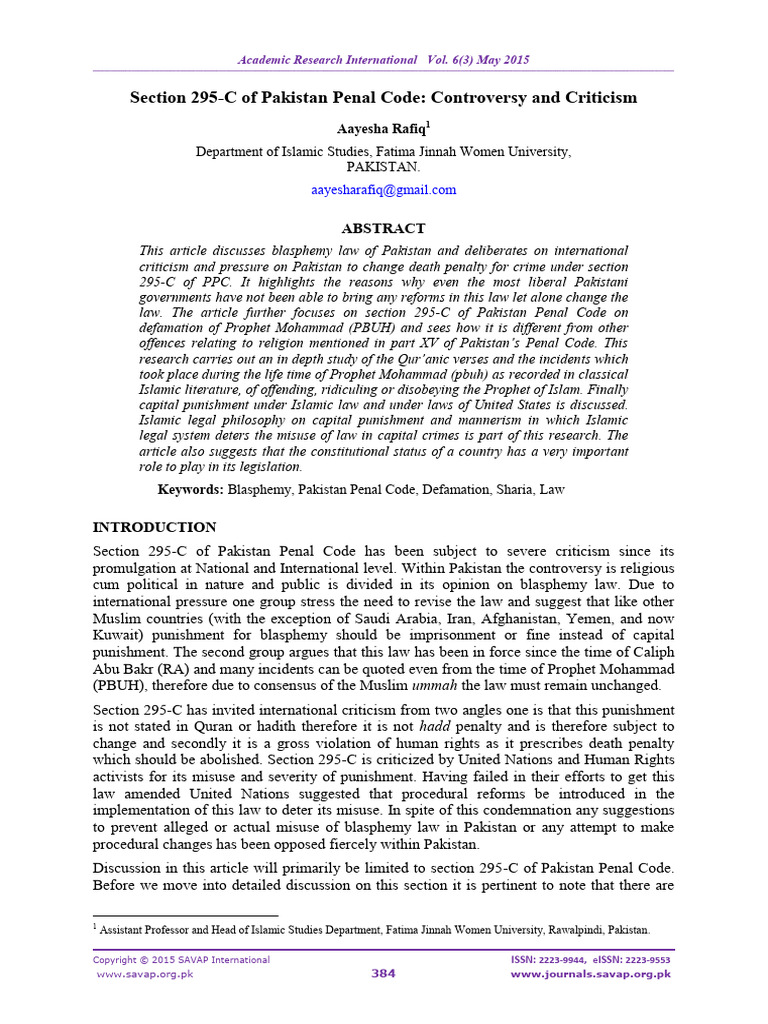 Section 295-C of Pakistan Penal Code: Controversy and Criticism | PDF ...