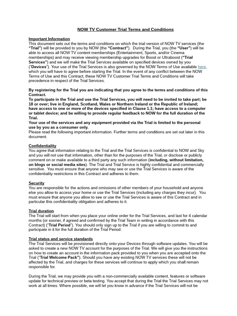 NOW TV Trial Terms and Conditions | PDF | Legal Liability | Breach Of ...