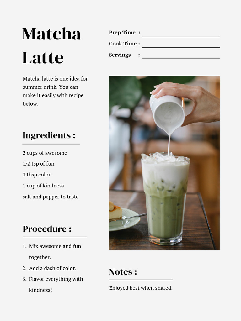 White Modern Matcha Latte Recipe Card | PDF