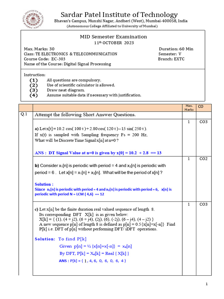 Digital Signal Processing Exam Paper | PDF | Discrete Fourier Transform ...