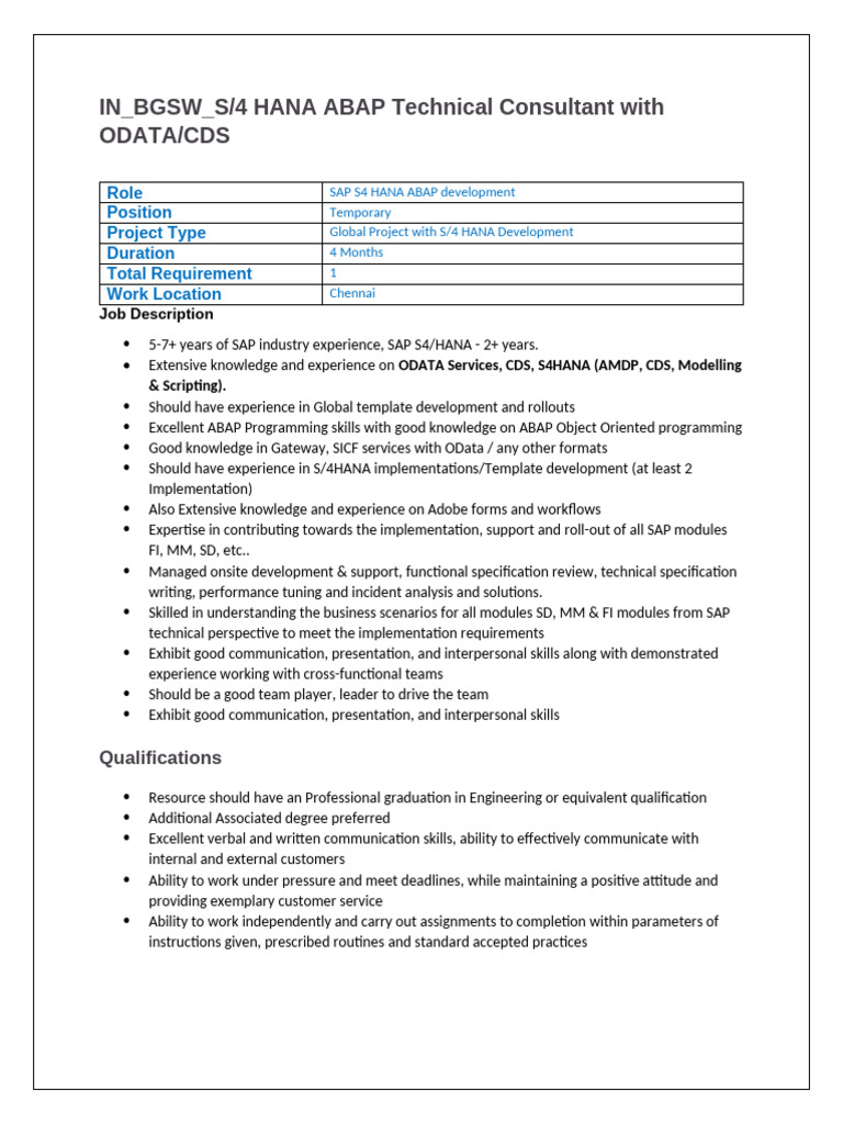SAP S/4 HANA ABAP Consultant Role | PDF