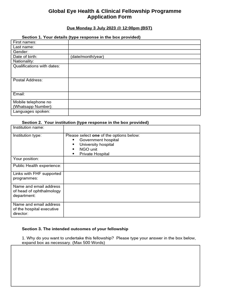 Global Eye Health Clinical Fellowship Programme Application Form | PDF ...