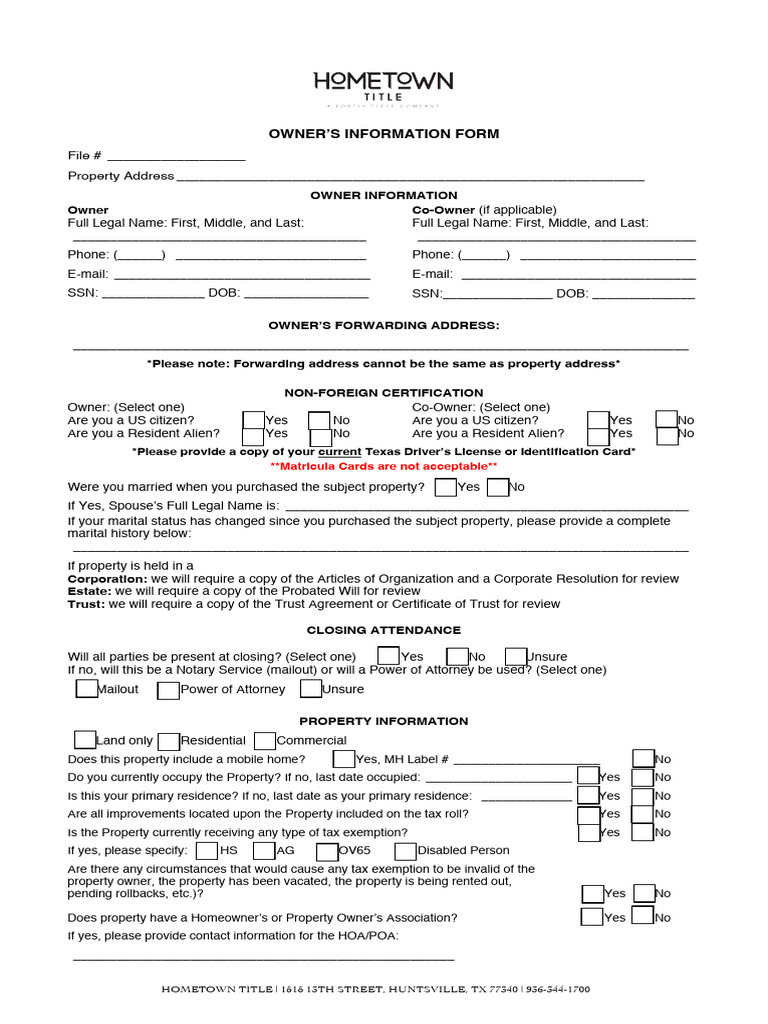 Owner's Information Form for Property | PDF | Mortgage Law | Common Law