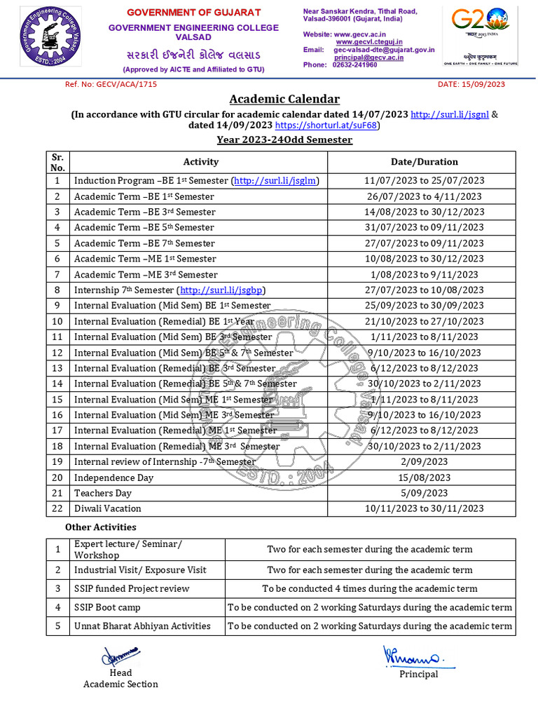 Revised Academic Calendar-GECV-ODD TERM-2023-24 | PDF | Academic Term ...