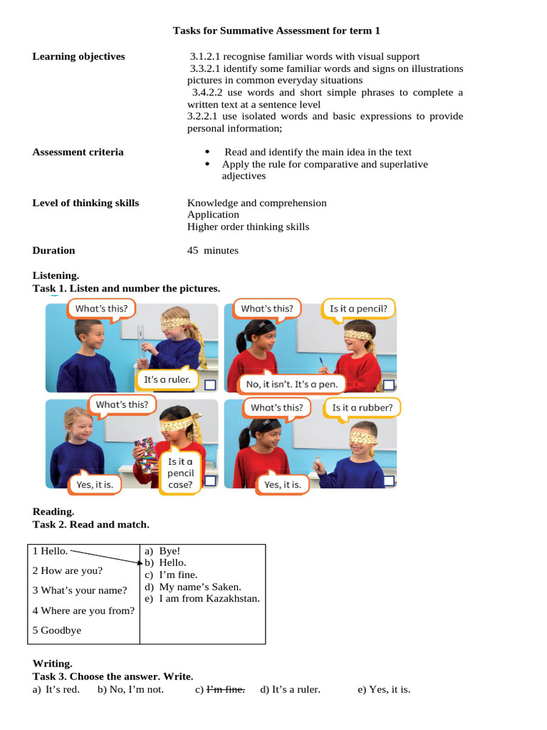 Tasks For Summative Assessment For Term 1 Learning Objectives | PDF