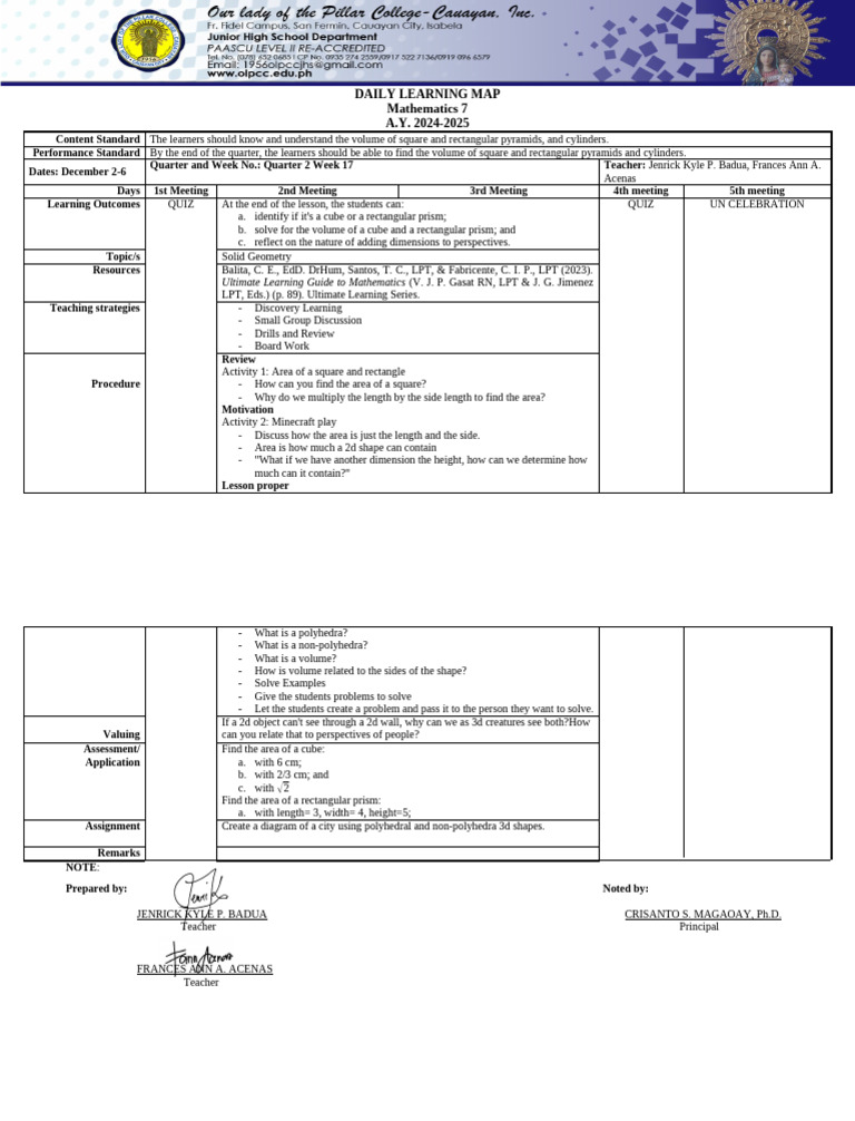 G7 MATH Q2 W17 | PDF | Volume | Area