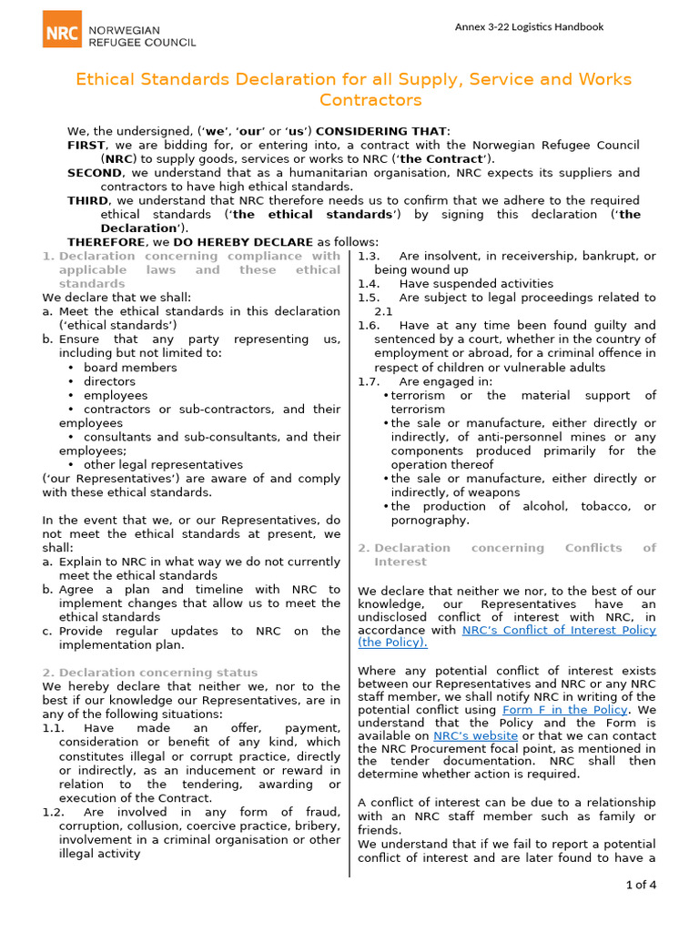 NRC Ethical Standards Declaration | PDF | Labour Law | Human Trafficking