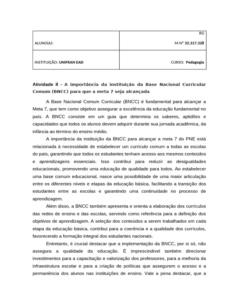 Atividade II - A Importância Da Instituição Da Base Nacional Curricular ...