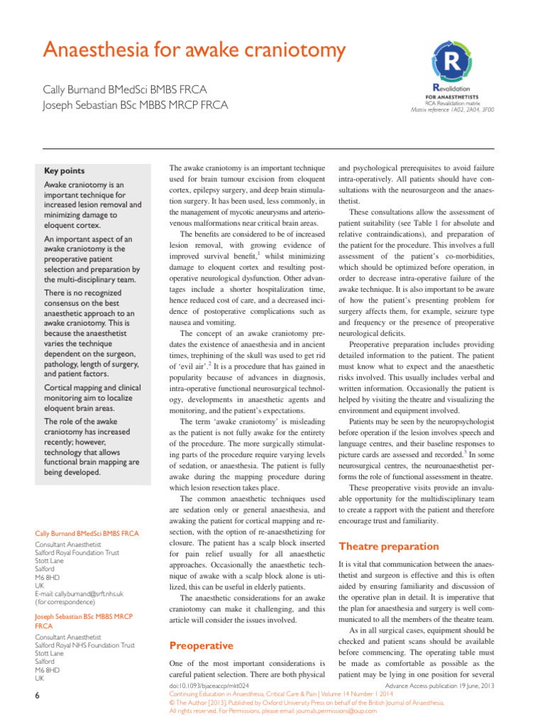 Awake Craniotomy | PDF | Anesthesia | Surgery