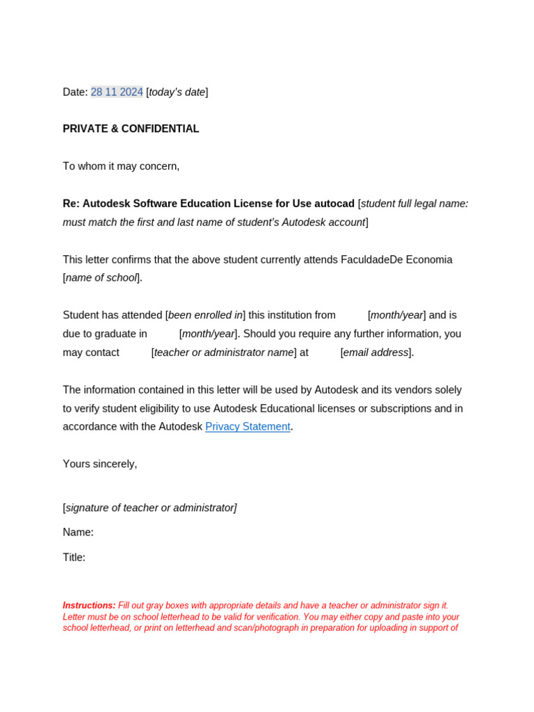 Autodesk Education License Verification Letter | PDF