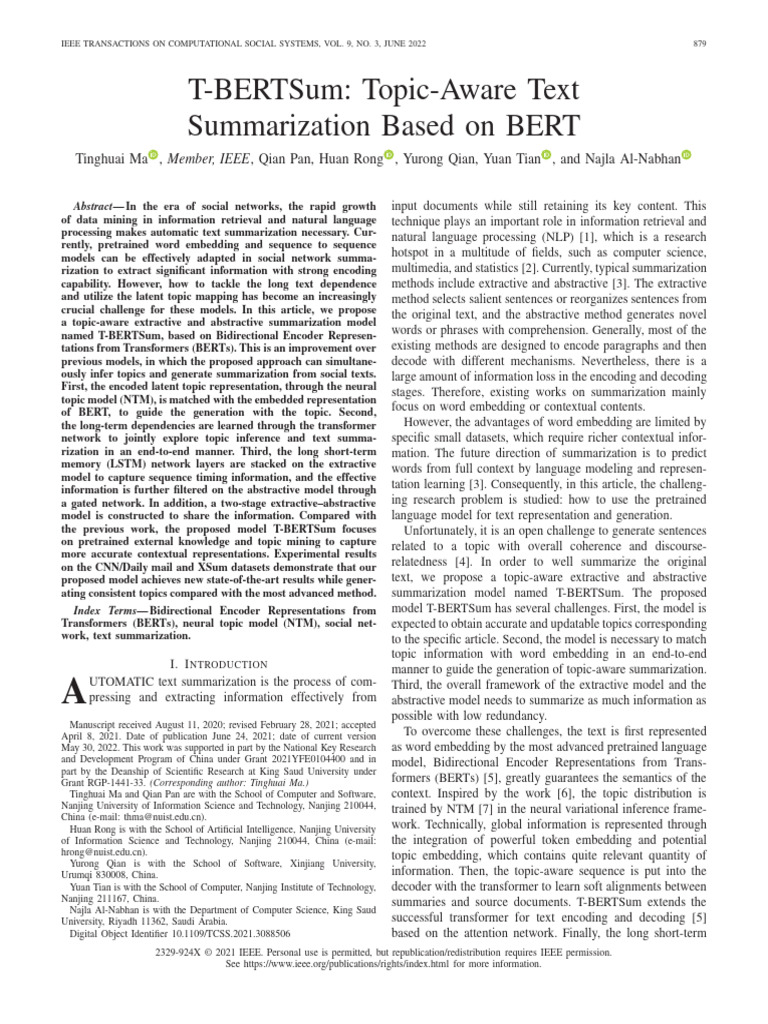 T-BERTSum Topic-Aware Text Summarization Based On BERT | PDF ...