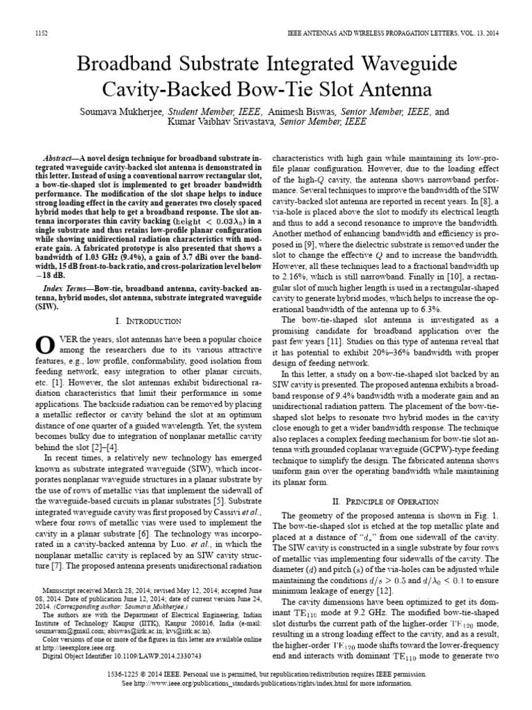 Broadband Substrate Integrated Waveguide Cavity-Backed Bow-Tie Slot ...