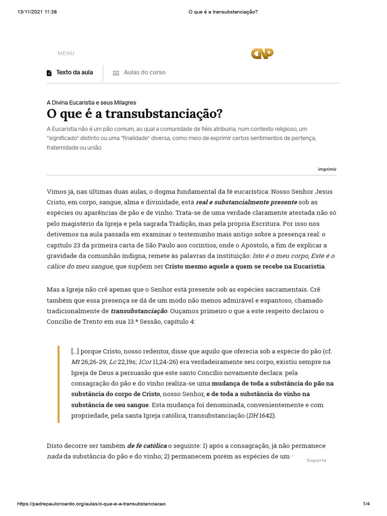 Entenda a Transubstanciação na Eucaristia | PDF | Eucaristia