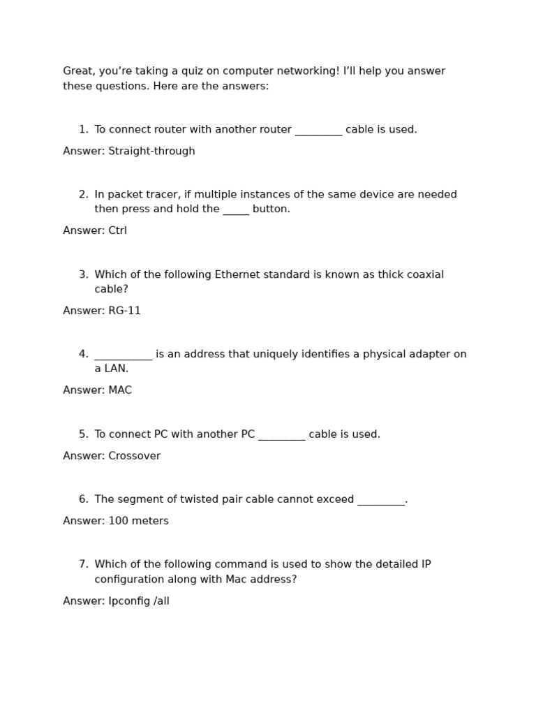 Networking Quiz Answers Guide | PDF
