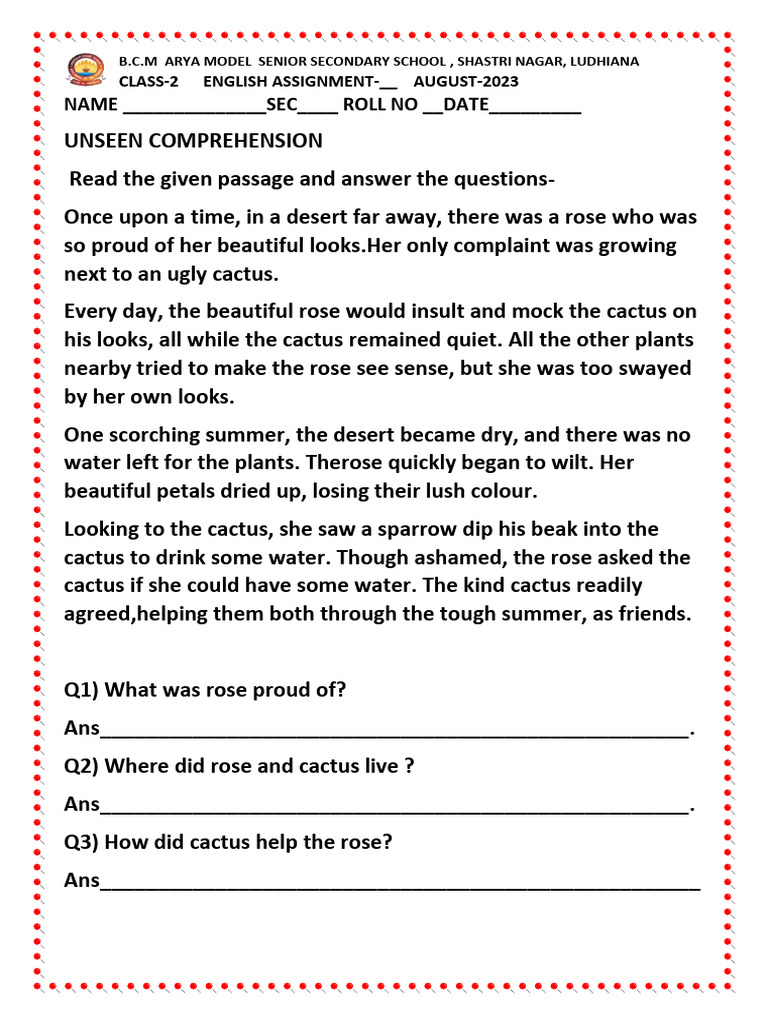 Class 2 English Assignment: Comprehension | PDF
