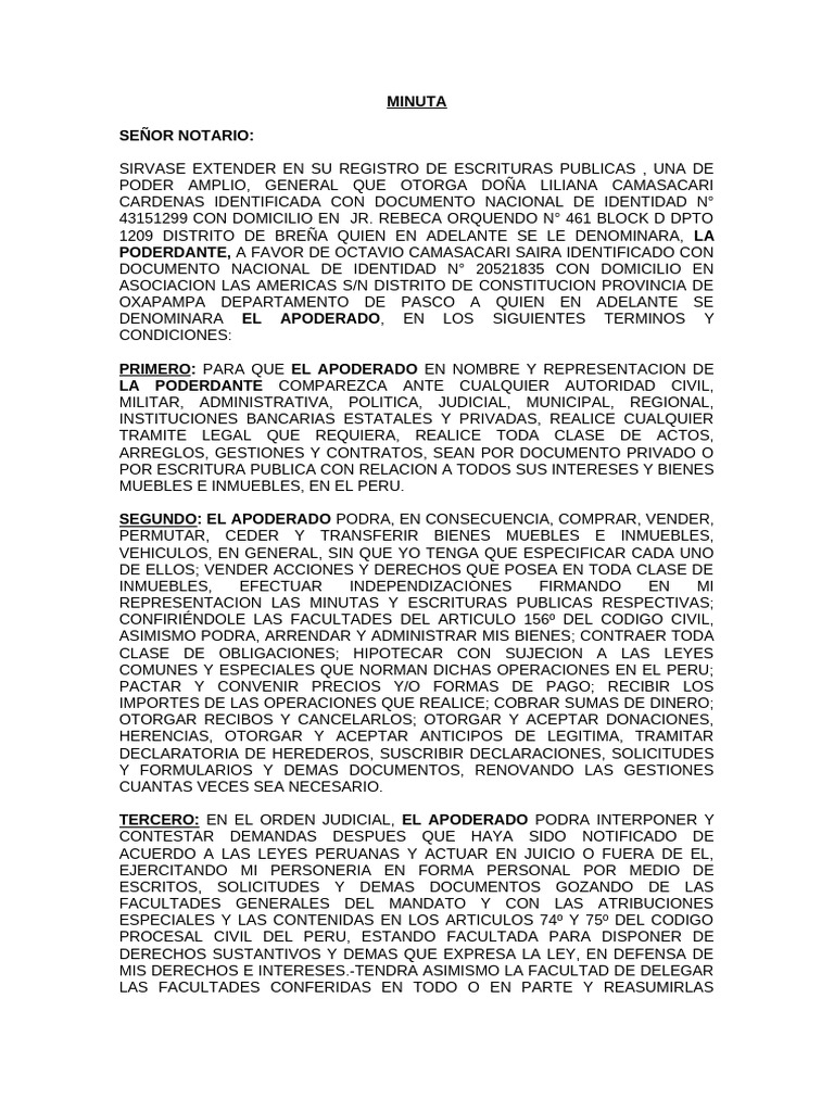 Minuta de Poder Amplio y General | PDF | Documento de identidad