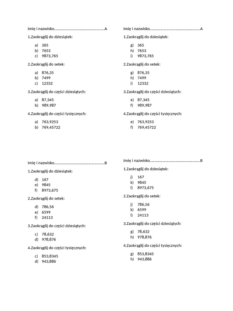 Zaokraglanie Kartkowka KL 6 | PDF