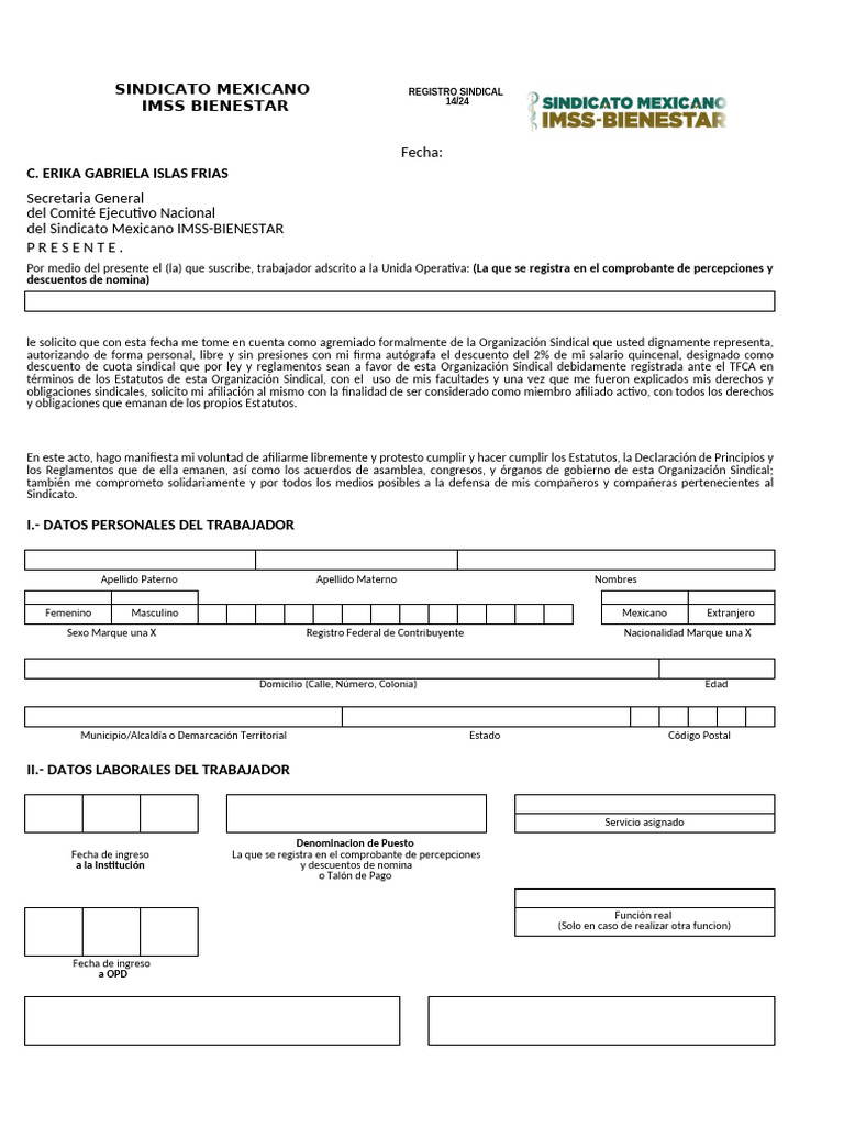 Solicitud de Afiliación al IMSS Bienestar | PDF | Sindicato | México