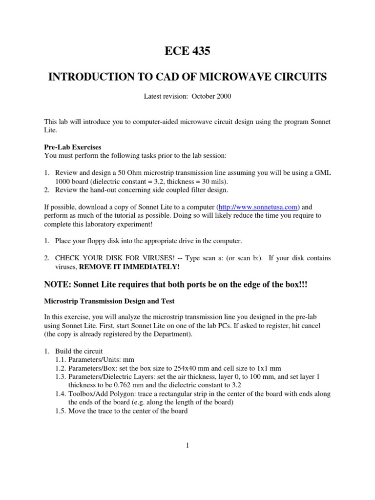 Introduction To Cad of Microwave Circuits PreLab Exercises PDF Transmission Line