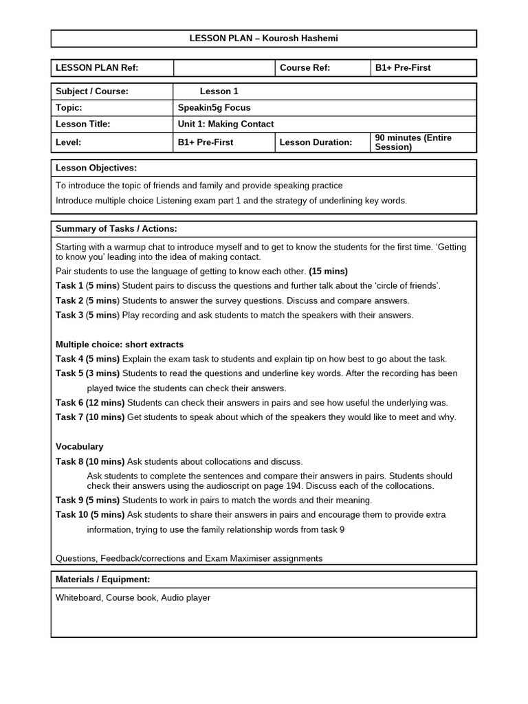 B1+ Lesson Plan: Making Contact | PDF