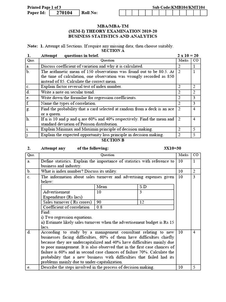MBA Business Statistics Exam 2019 | PDF | Statistics | Time Series