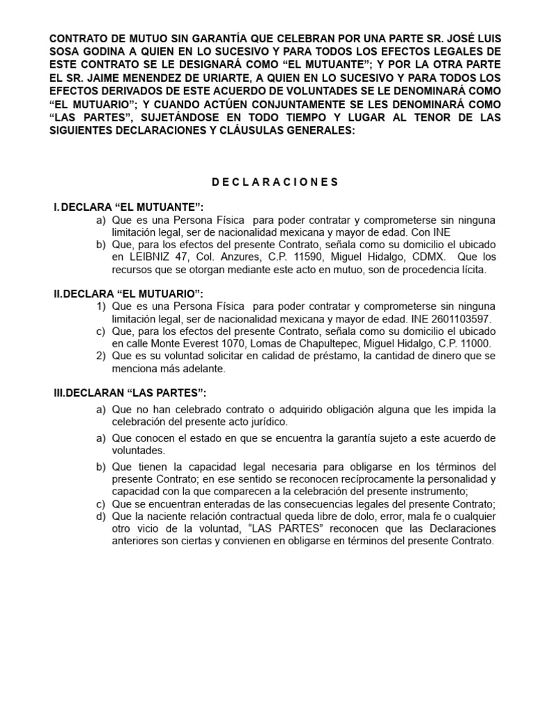 Contrato de Mutuo Sin Garantía en México | PDF