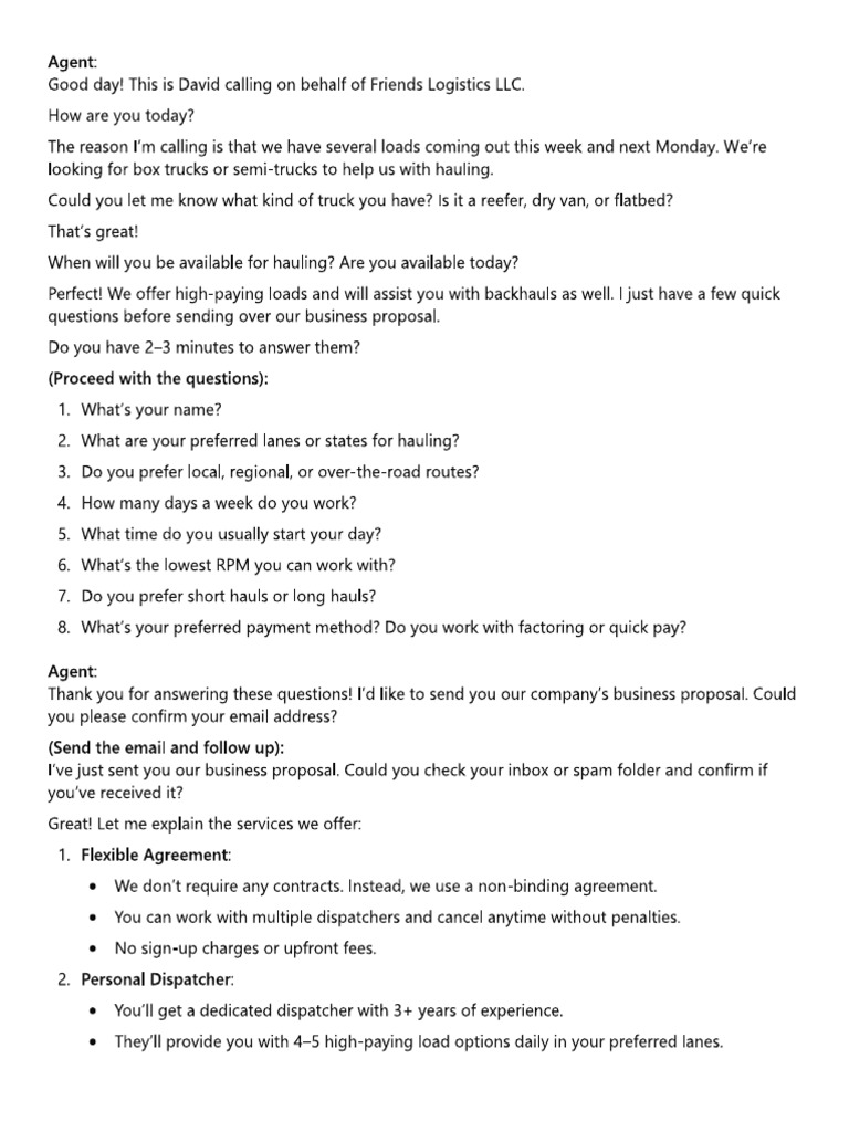 Script For Friends Logistic LLC | PDF